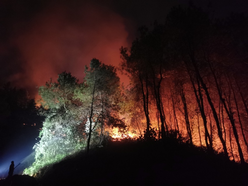 8月21日，馬爾康大隊二中隊夜間清理火線。四川森林消防總隊供圖