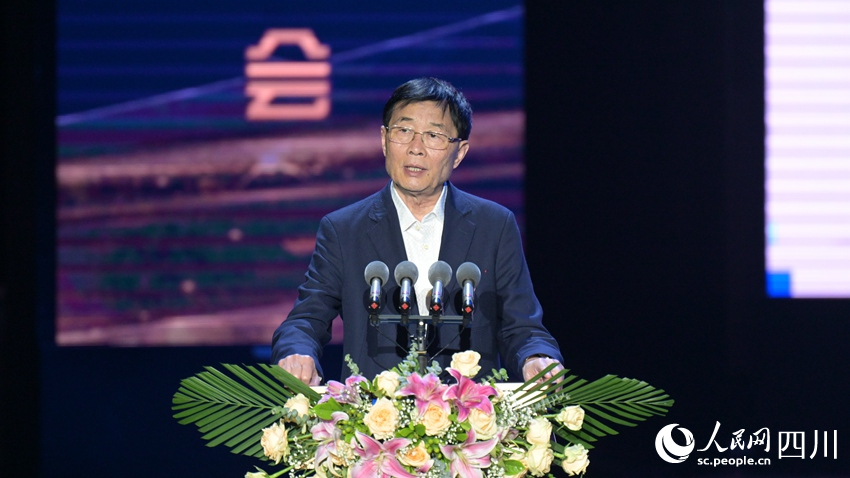 四川電影電視學院校長羅共和在成渝影視發展大會上進行主旨演講。人民網 王洪江攝