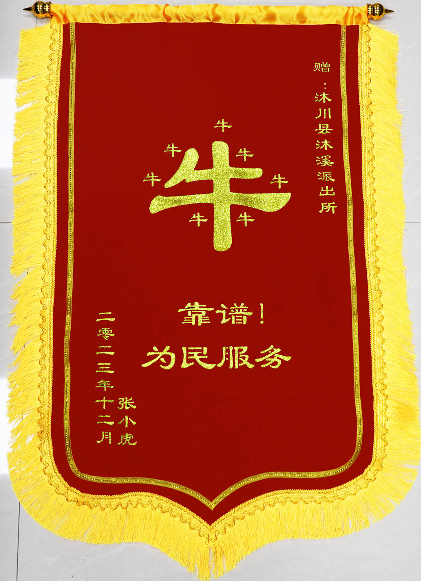 印有8個金燦燦“?！弊值腻\旗。樂山公安供圖