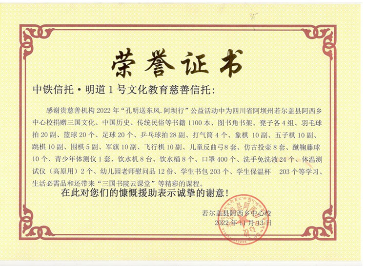 中鐵信托的公益活動獲得的證書。中鐵信托供圖