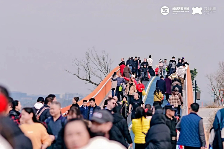 市民游客穿龍拱踩福橋。天府新區融媒體中心供圖