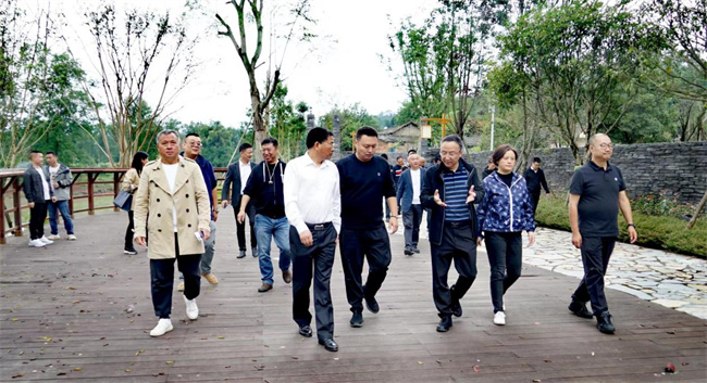 史紅平（左二）、王萍（右二）、王琦漪（右一）、秦俊寧（右三）帶隊赴邛崍市夾關鎮開展“進萬企、解難題、優環境、促發展”工作。民建成都市委會供圖