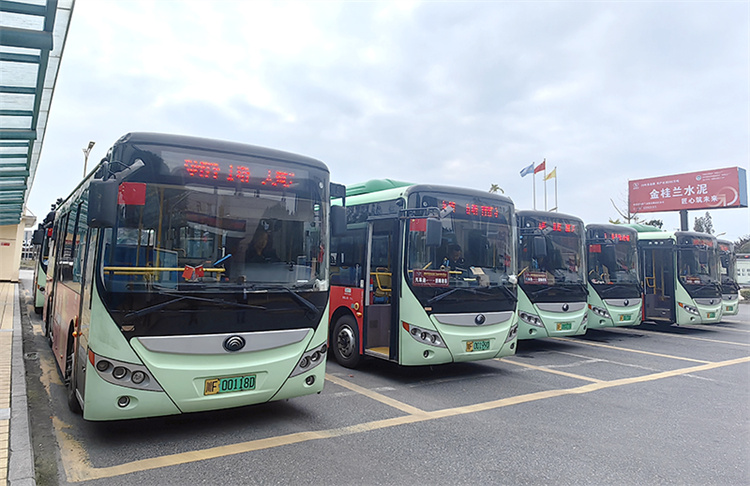 停放整齊的公交車。