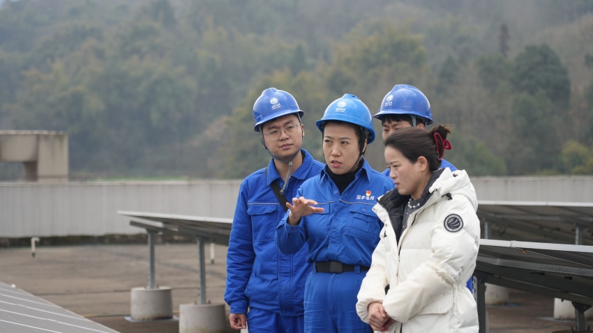 全國人大代表蒙媛在川渝高竹新區，走訪四川鼎璽創新科技有限公司，在企業光伏發電區域詳細調研了解企業光伏并網情況，并從用戶的角度出發，了解企業服務需求。受訪者供圖