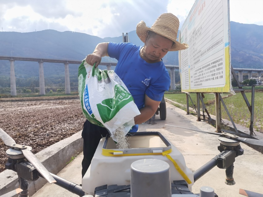 村民正在向無人機添裝肥料。德昌縣委宣傳部供圖