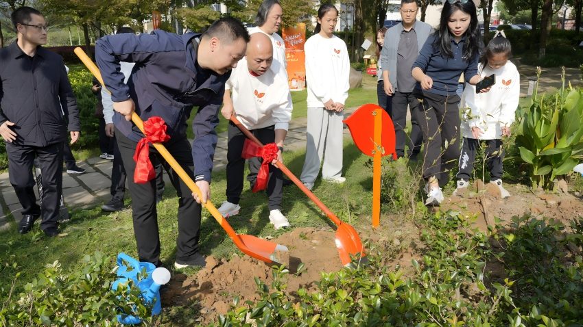 巴中市文旅示范區黨工委副書記徐文銳與全國人大代表、安吉余村黨支部書記汪玉成共同種下巴山水青岡樹苗。主辦方供圖